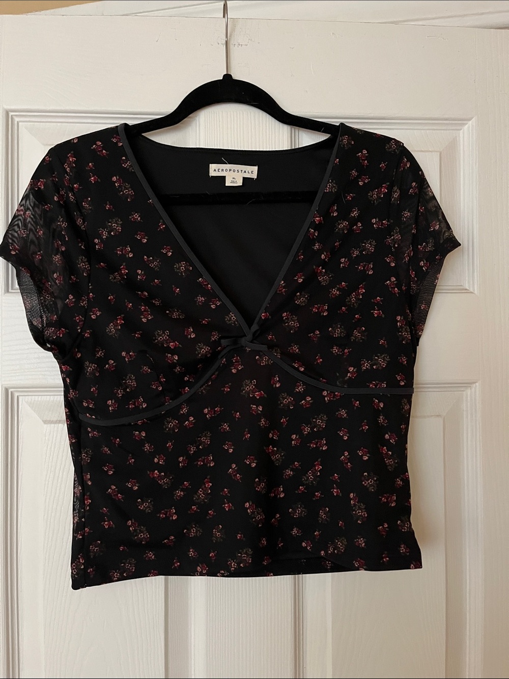 Aeropostale Black Floral Mesh Tie-Front Crop Top